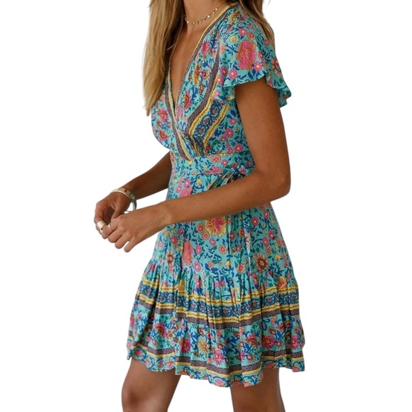 Ruffle Wrap V Neck Bohemian Floral Pint Swing Midi Dress Women Size Large - Picture 3 of 12